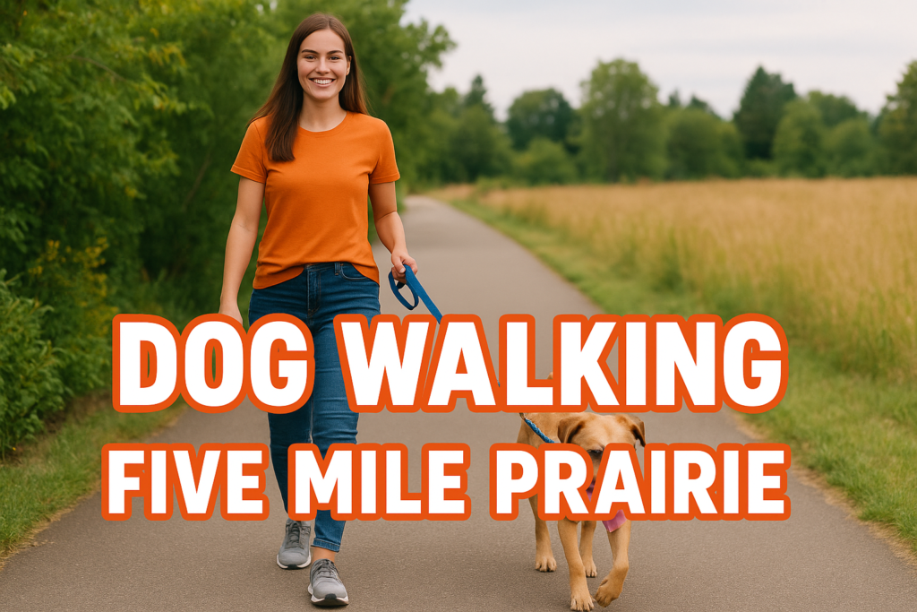 A woman walking a dog in Five Mile Prairie