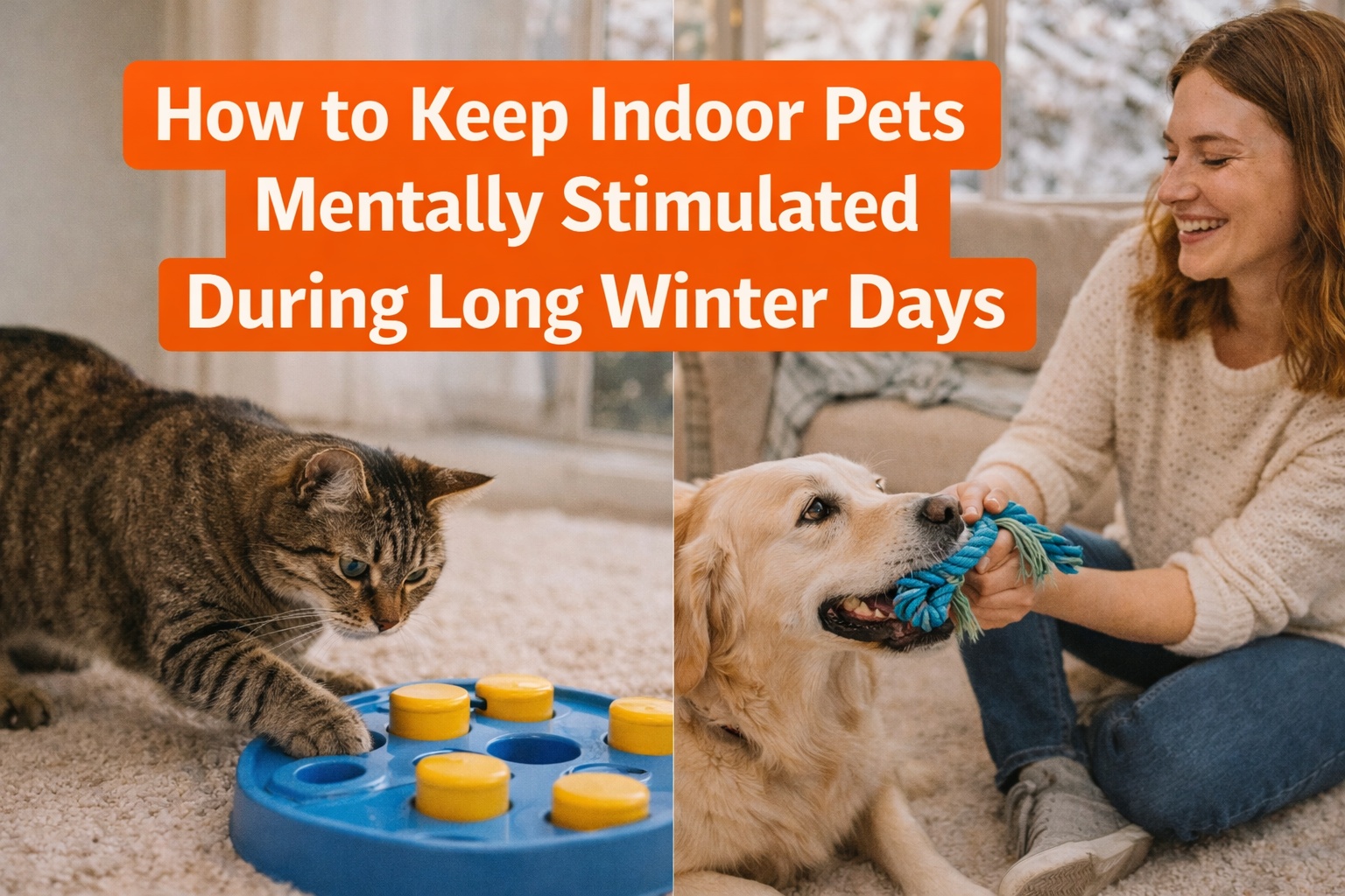 Woman playing with a dog and cat to keep them stimulated during winter months