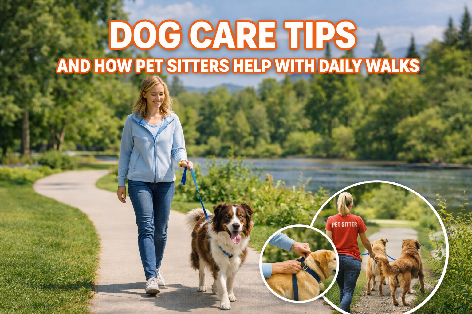 woman walking a dog on a sidewalk in a park