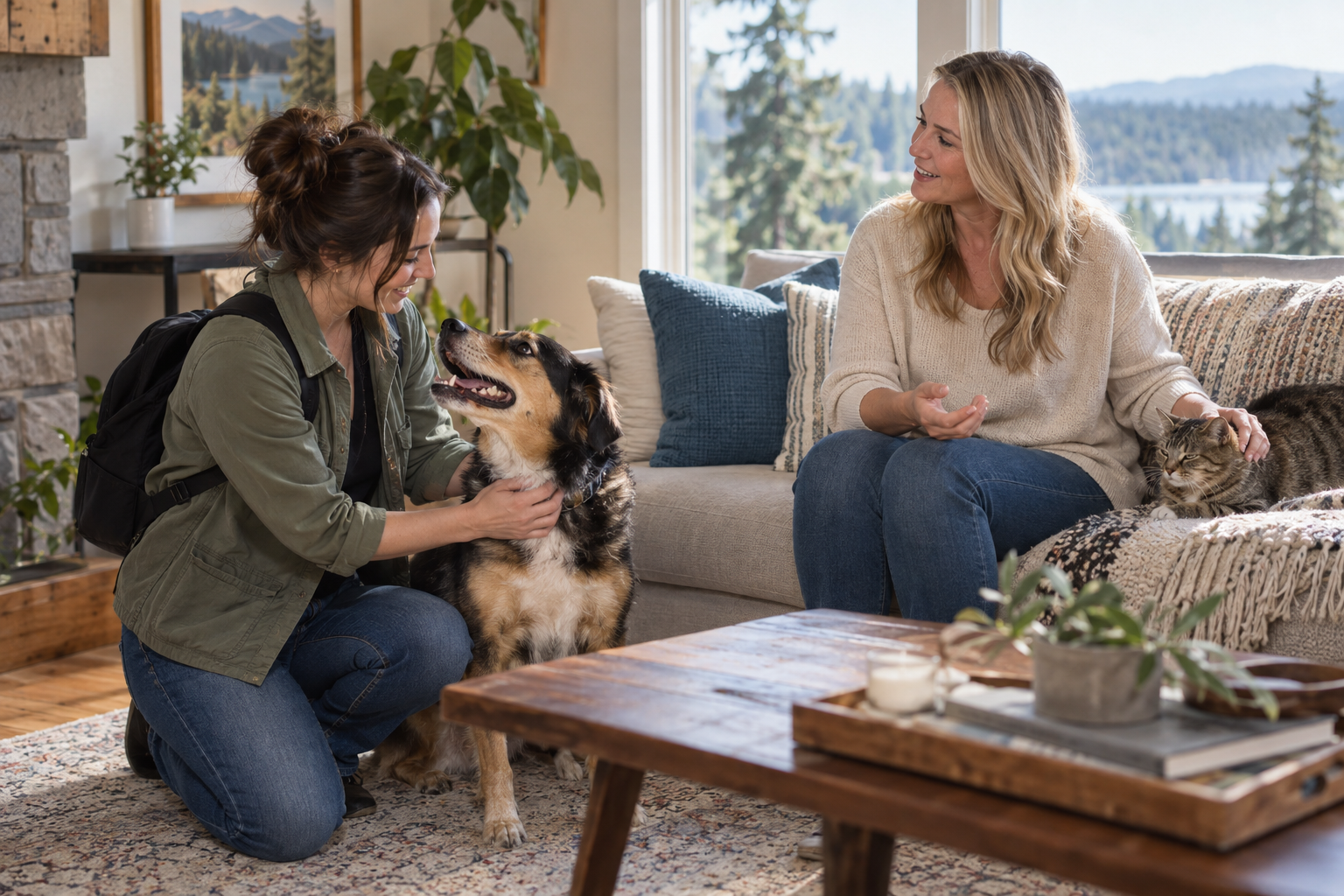 Professional pet sitter meeting with a Spokane pet owner and their dog and cat